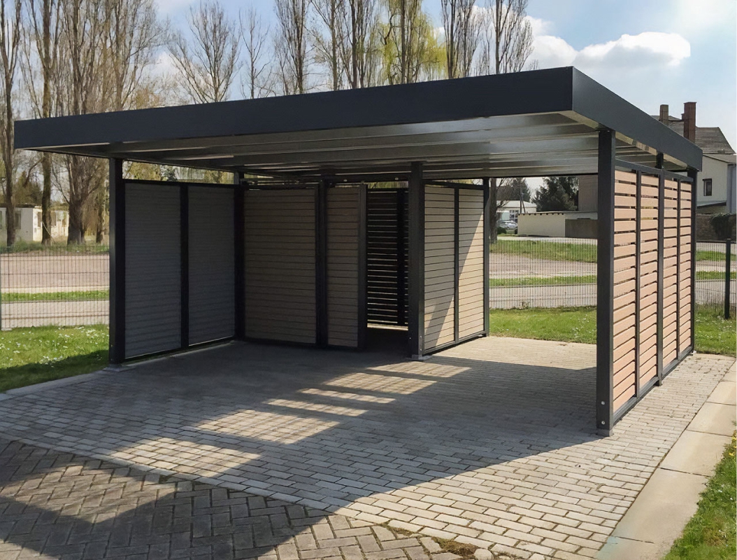 Односкатный автонавес из поликарбоната в стиле хай-тек для автомобиля с закрытыми боковинами Двускатный навес с поликарбонатом для автомобиля